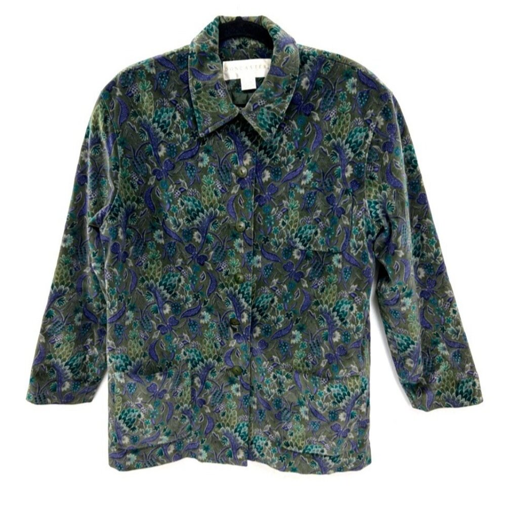 VTG Y2K DONCASTER Velvet Velour Coat 14 Green Colorful All-Over‎ Floral Pockets